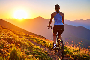 Young cyclist riding on a mountain trail at sunrise, a Sports & Recreation Photo by DanFLCreativo