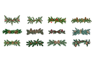 Christmas tree branch border set, an Object Illustration by Valerie Bodnar