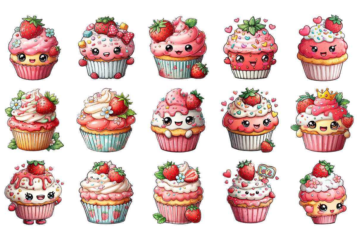 Cute Strawberry Cupcake Clipart, an Illustration by DreamArtGraphic (Photo 2 of 4)