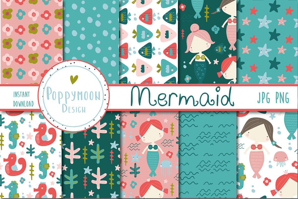 Mermaid paper, a Pattern Graphic by Poppymoondesign