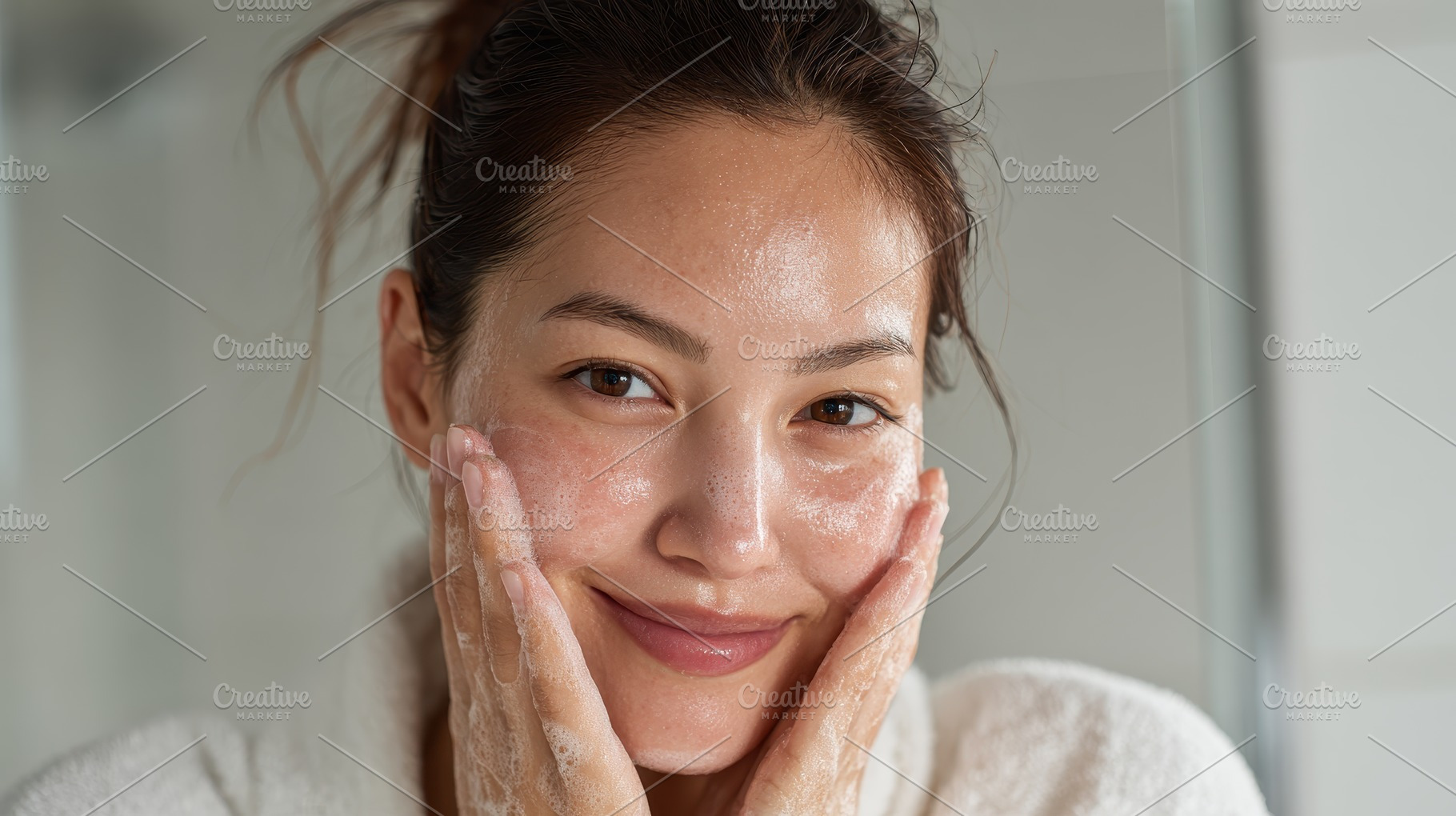 Woman cleansing face with foam smili, a Photo by Pixeness Studio