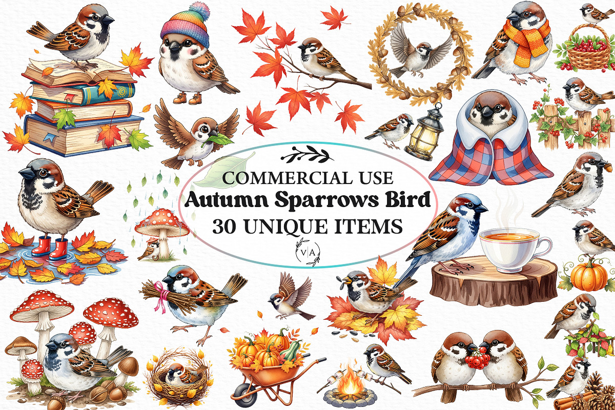 Autumn Sparrows Bird Clipart Bundle, an Illustration by Craft Nest (Photo 1 of 6)