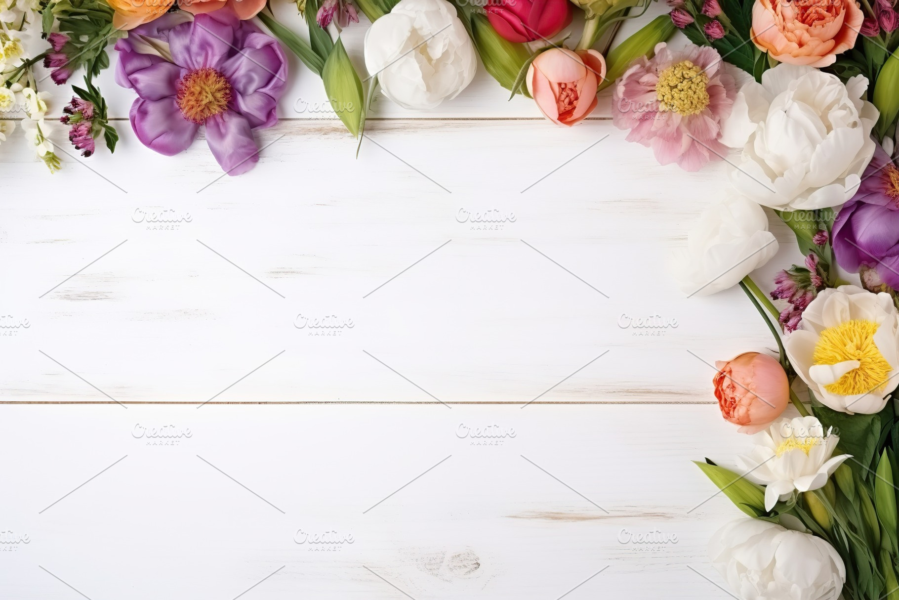 Bouquet of fresh flowers with copyspace on white wooden background, a Background Photo by AlyaAnd