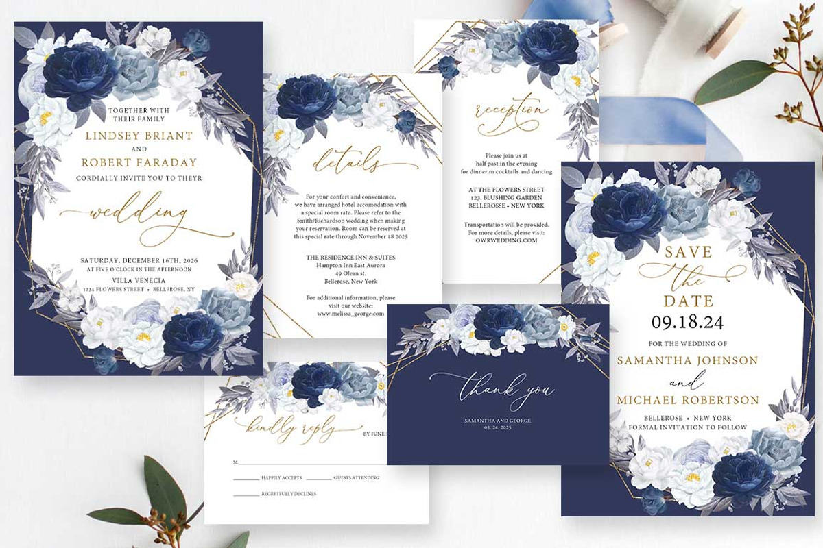 Navy Floral Wedding Invitation Set, a Stationery Template by Blush Roses Print