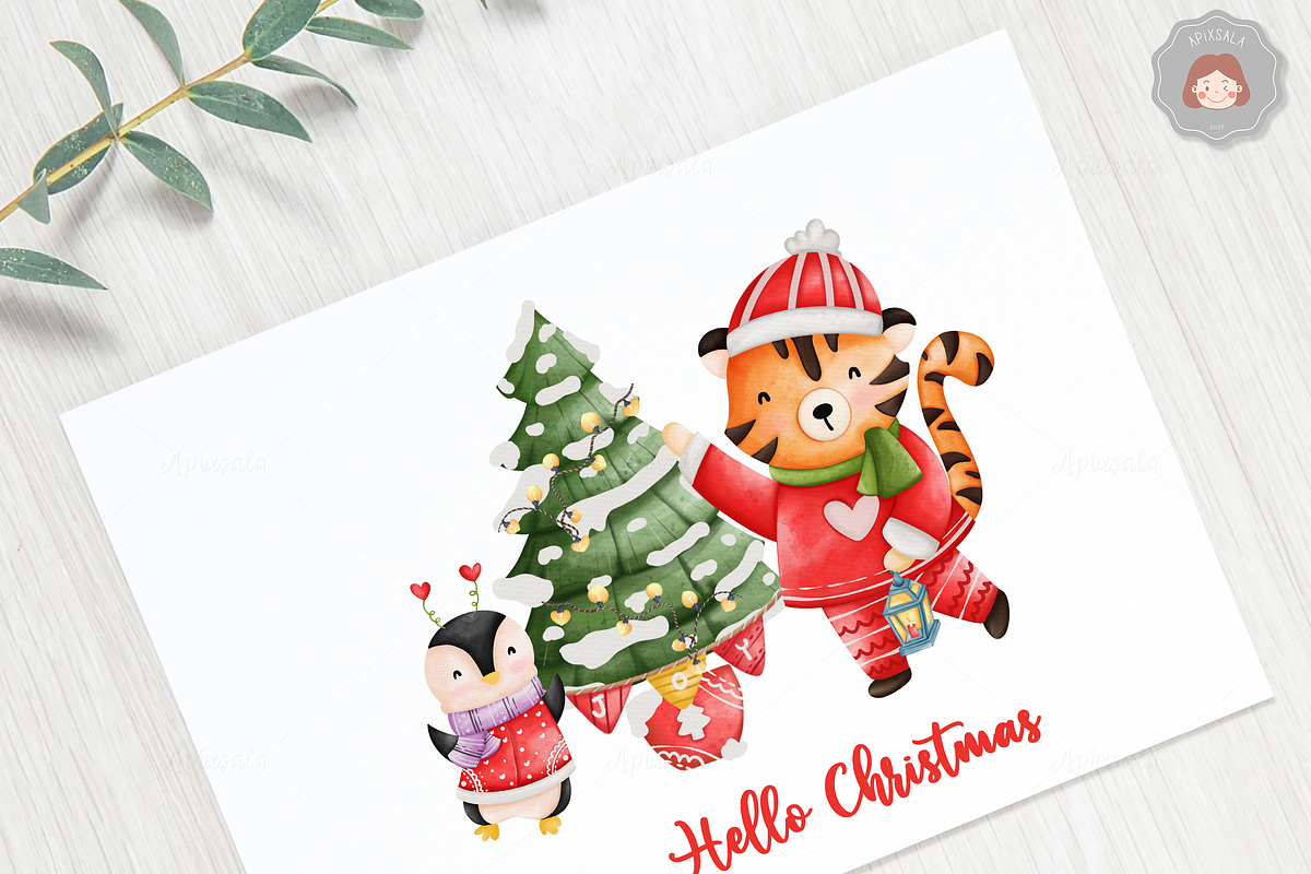 Watercolor Christmas Santa Animals, an Animal Illustration by Apixsala (Photo 16 of 18)