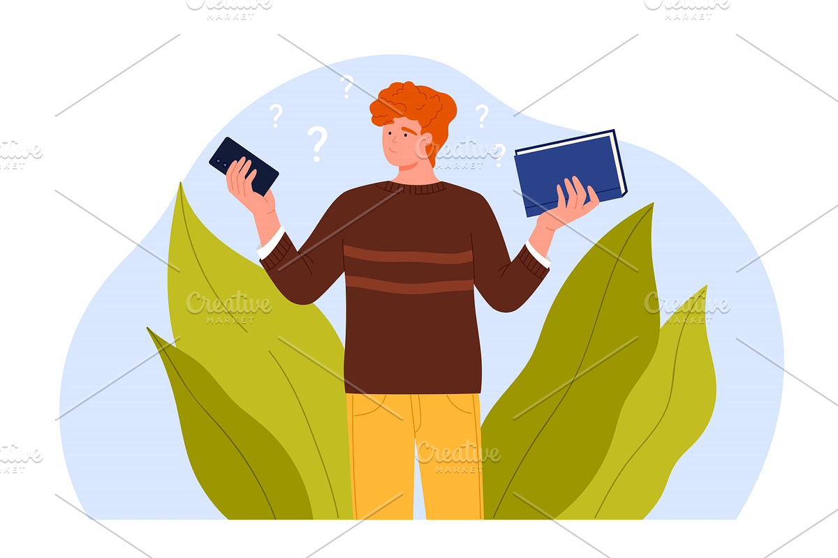 Man Choosing Between Book And Phone, an Education Illustration by Flashvector