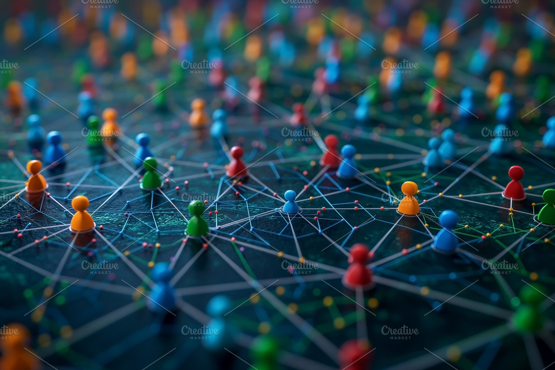 Colorful miniature figures connected by lines symbolize social n, a Business Photo by ImageMir