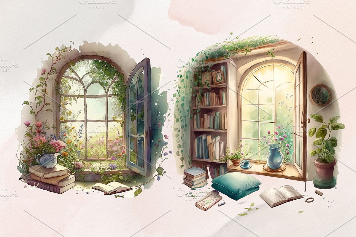 8 Watercolor Cozy Reading Nook Clipa, an Illustration by Jalina Clipart Studio (Photo 2 of 5)