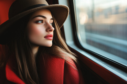 A young woman with long hair, wearing a wide-brimmed hat and a red coat, gazes, a Person Photo by Textures & Backgrounds