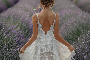Back view of bride in white wedding dress walking on lavender fi, a Person Photo by AlyaAnd