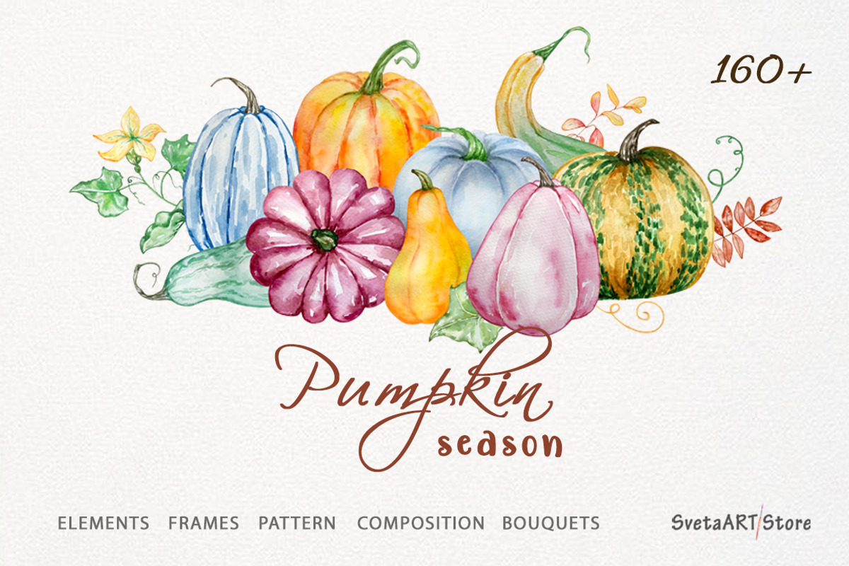 Watercolor Autumn Pumpkins Clipart, a Seasonal Illustration by SvetaArtStore (Photo 1 of 15)