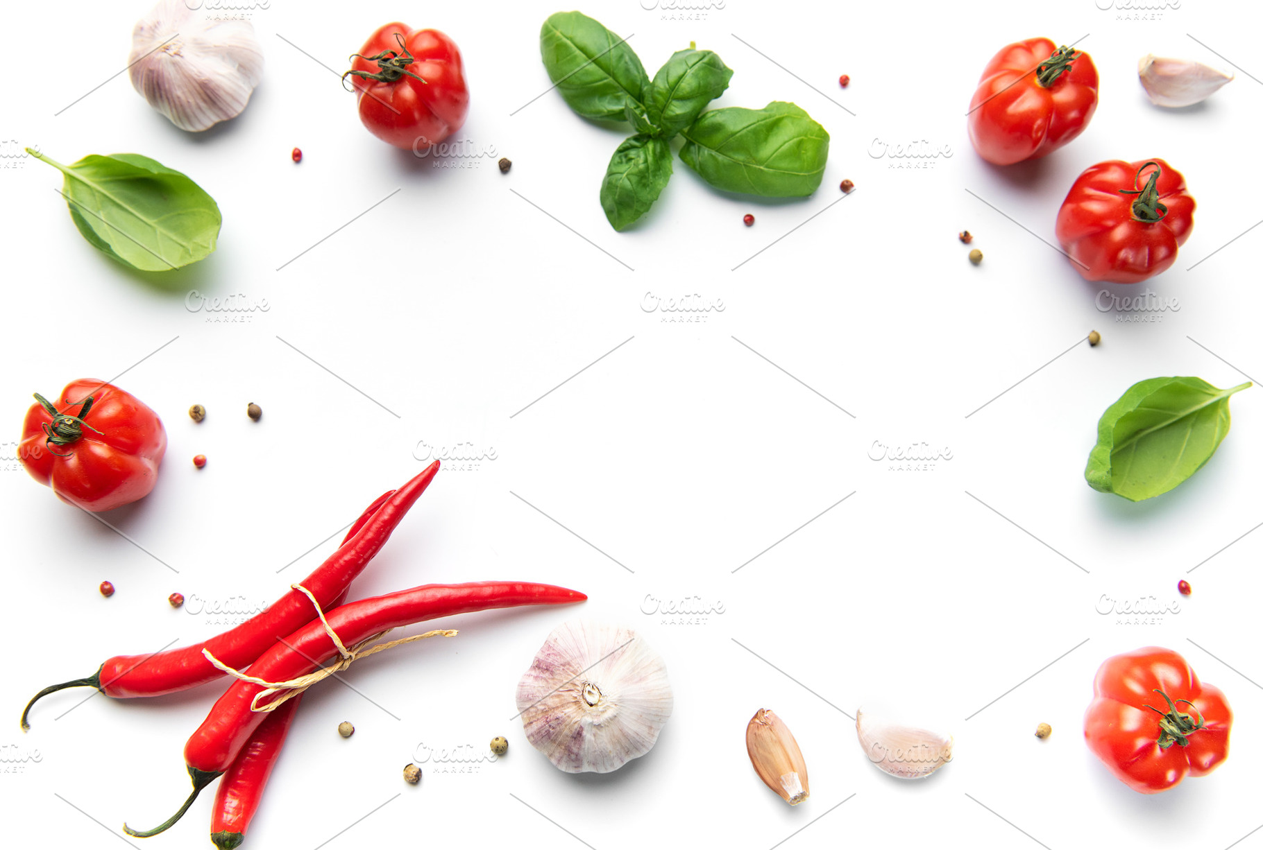 Italian food ingredients creating a frame on white, a Food & Drink Photo by Olena Rudo