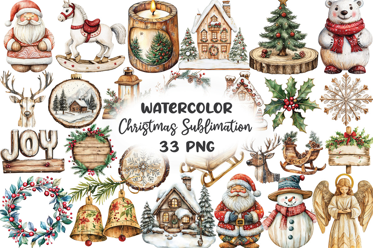 Wooden Christmas Sublimation Clipart, a Work Illustration by CraftArtStudio (Photo 1 of 6)