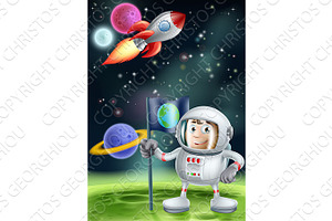 Cartoon Astronaut And Rocket