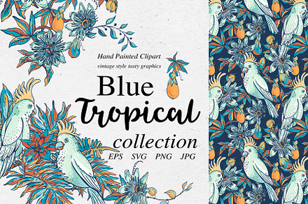 Blue tropical flowers collection