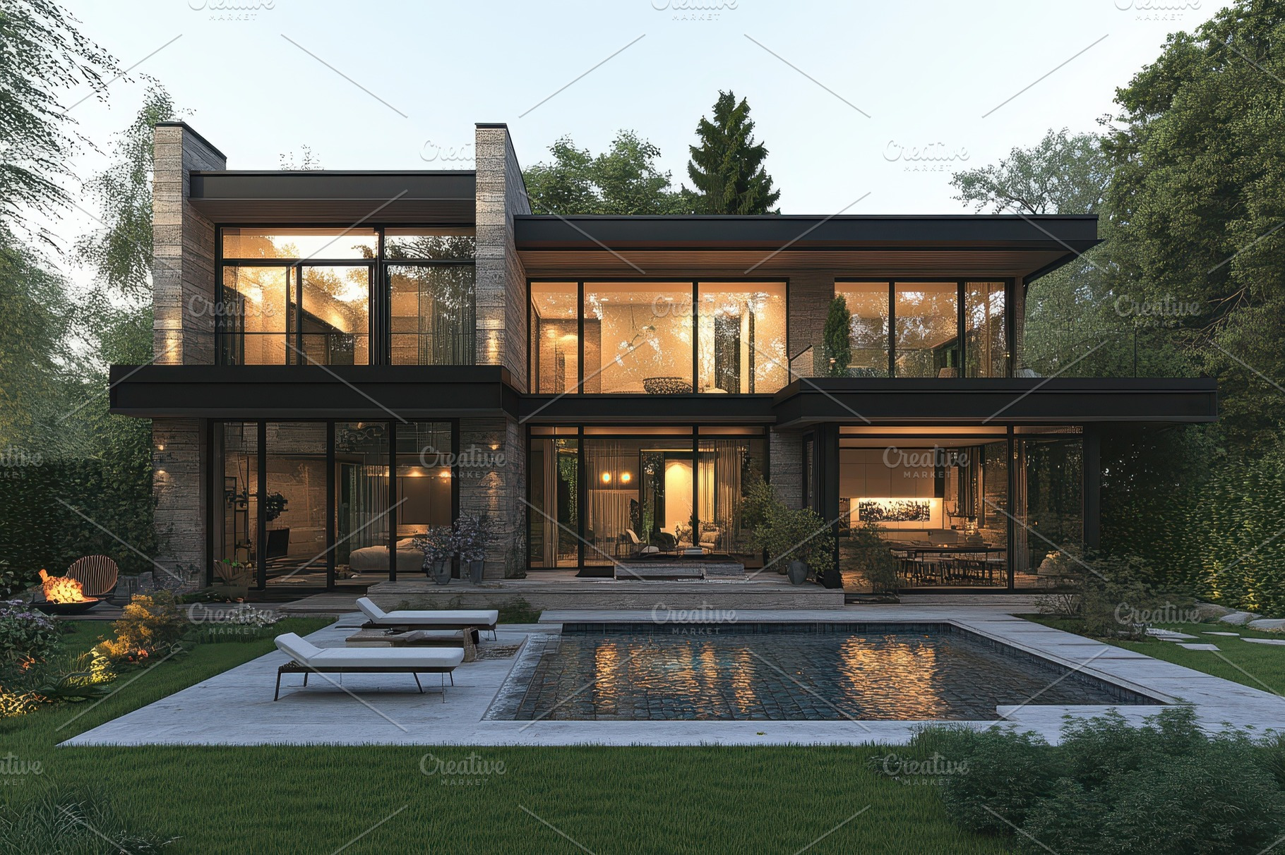 Modern Luxury Home Evening Poolside, an Abstract Photo by Pixeness
