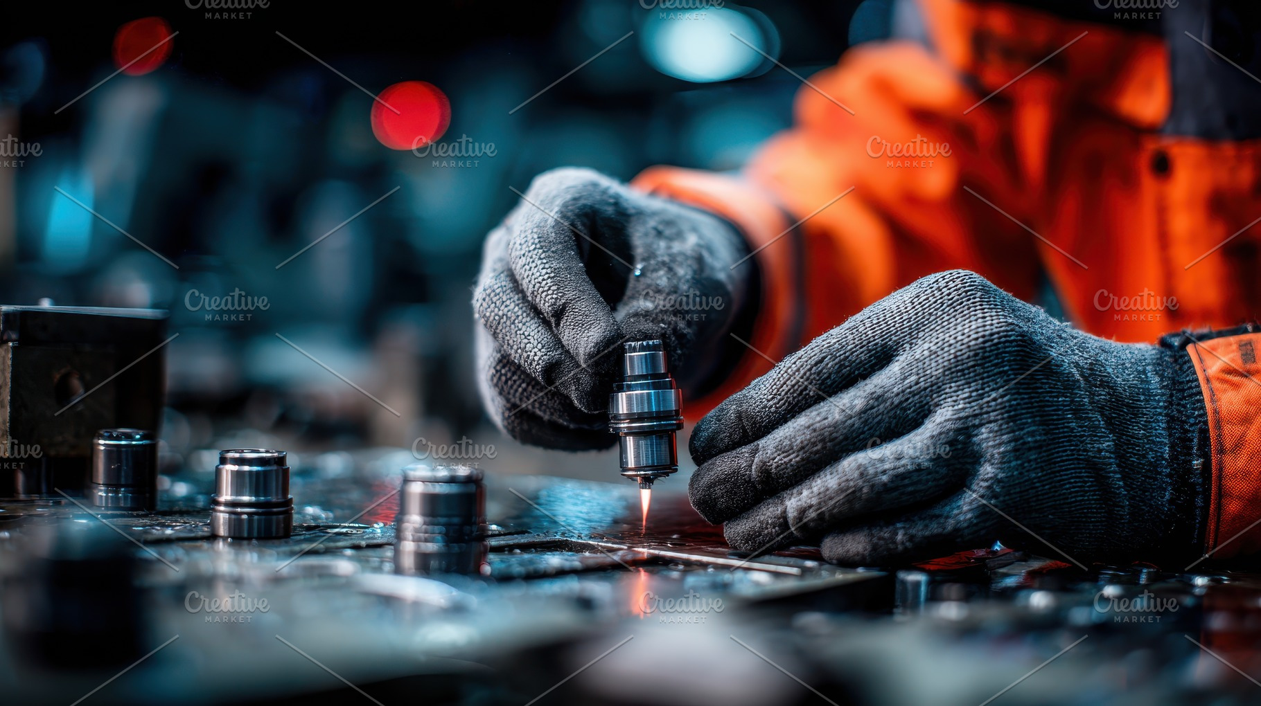 Worker using precision tool on metal, a Photo by Pixeness Studio