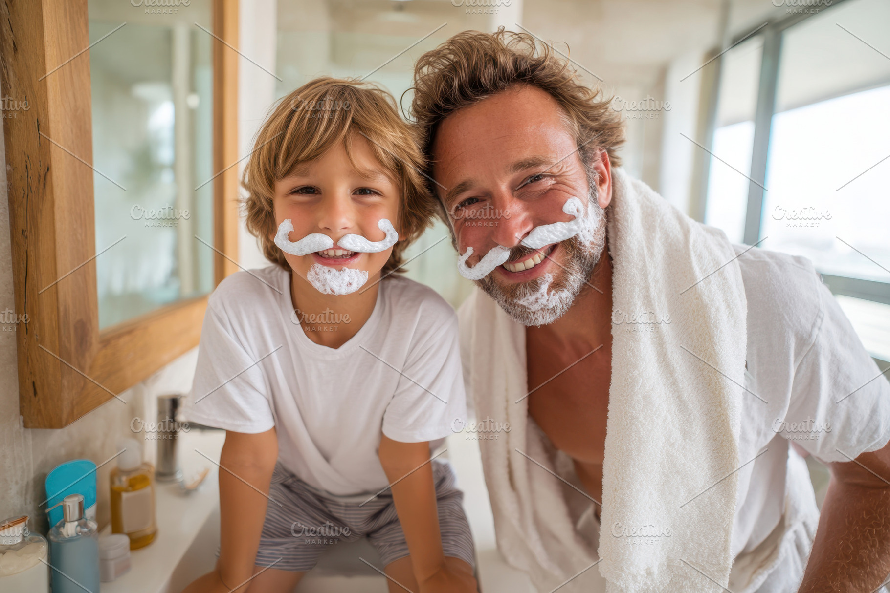 Father and son sharing a playful shaving moment, a Person Photo by AlyaAnd