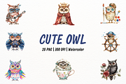 Watercolor Owl Clipart, an Animal Illustration by New-School-Wave (Thumbnail 1 of 5)