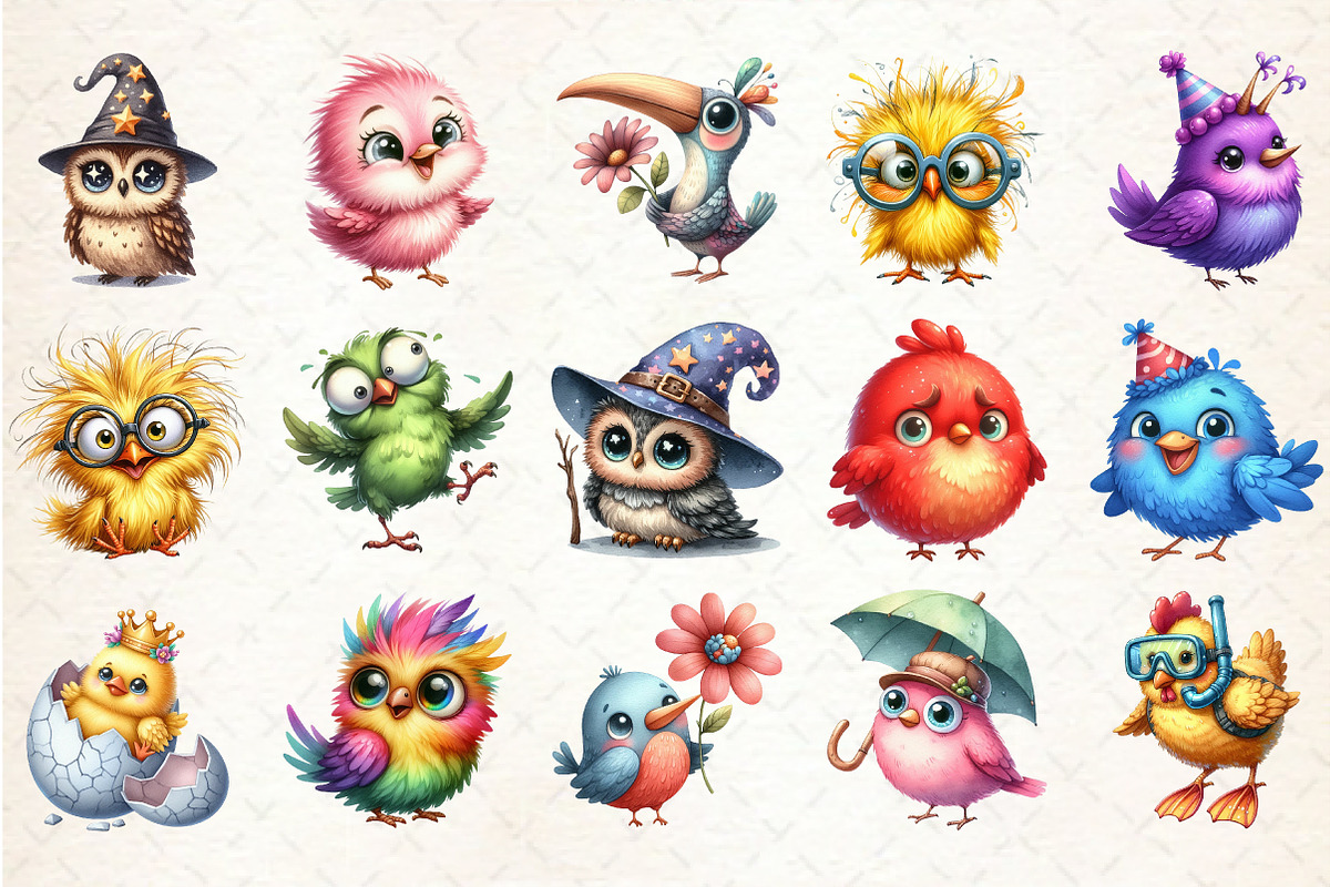 Watercolor Funny Bird Clipart, an Illustration by Rose Art (Photo 2 of 7)
