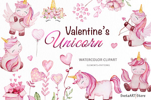 Watercolor Valentine Unicorn Clipart