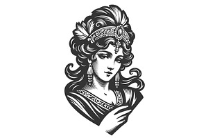 woman with tiara and fan engraving, a Person Illustration by AlexArt
