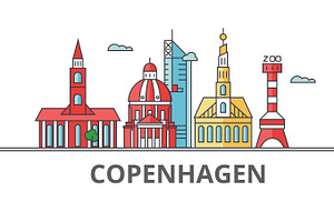 Copenhagen City Skyline. Buildings, Streets, Silhouette, Architecture, Landscape, Panorama, Landmarks. Editable Strokes. Flat Design Line Vector Illus