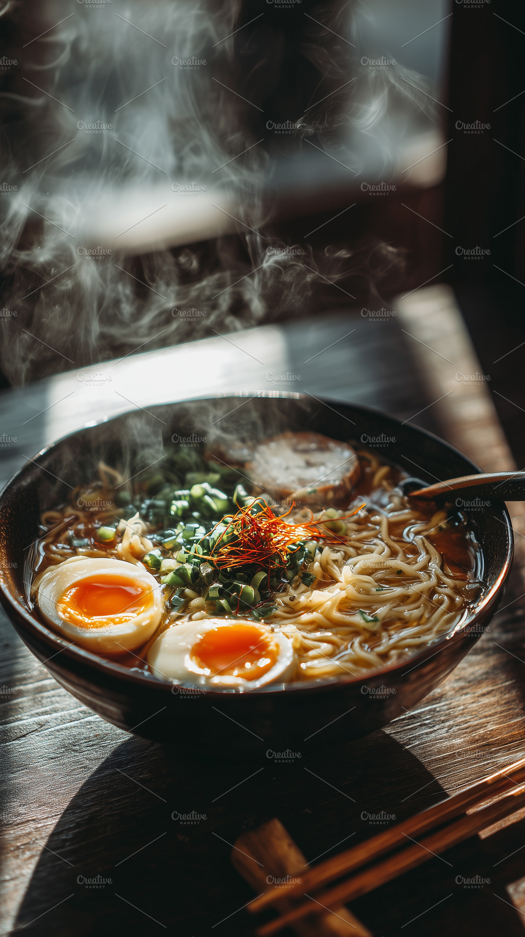 Close up on a steaming bowl of ramen, a Food & Drink Photo by MistyDay