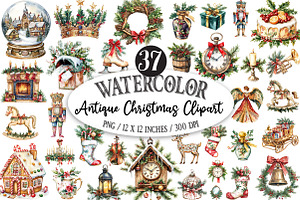Antique Christmas Watercolor Clipart, a Seasonal Illustration by Designking
