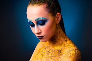 portrait of a girl in makeup body art body painting blue eyes, a Person Photo by Weddings, People, Travel