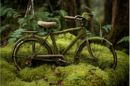 Old rusty bicycle covered with moss, a Nature Photo by Ylivdesign