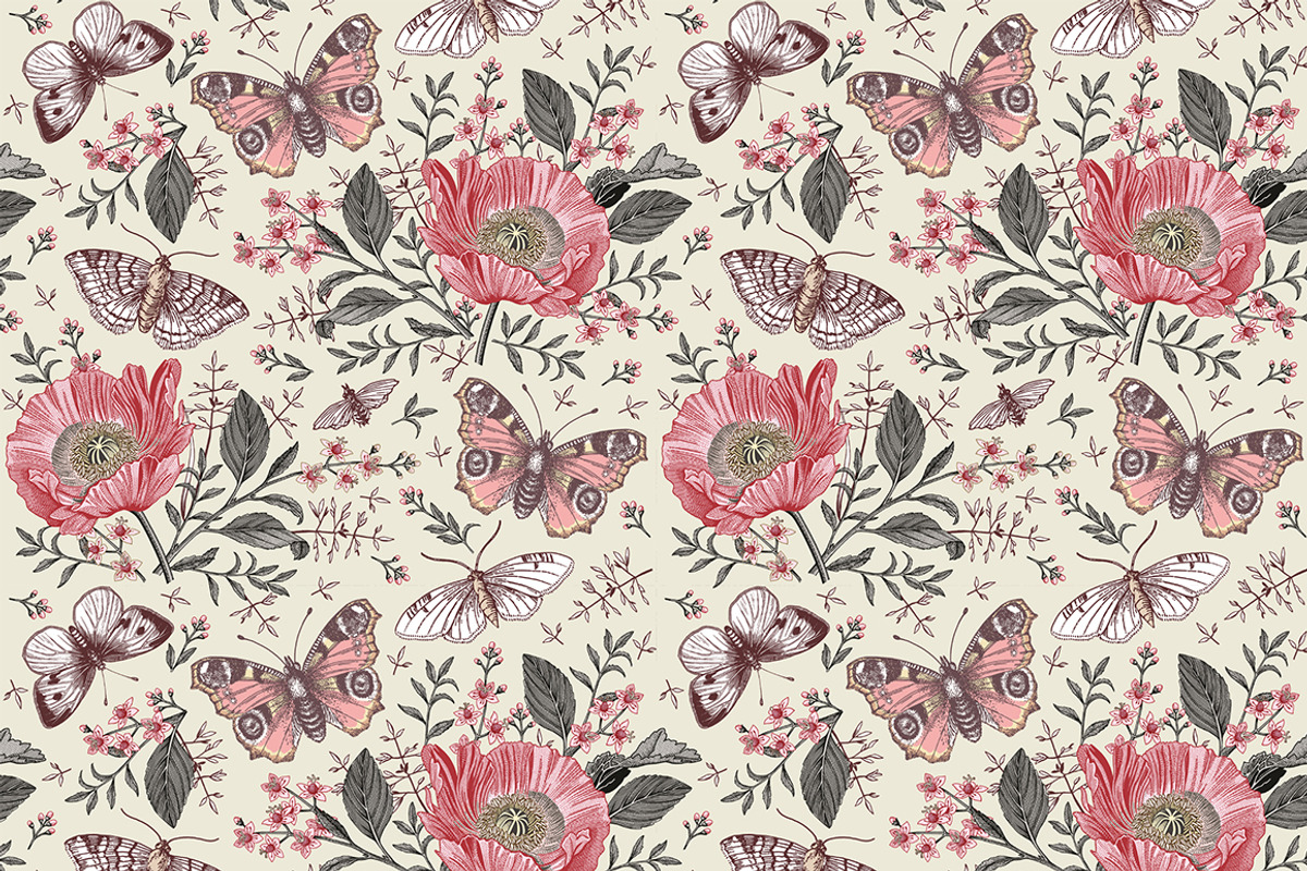 Seamless Butterflies Poppy Poppies, a Pattern Graphic by Vintage (Photo 4 of 13)