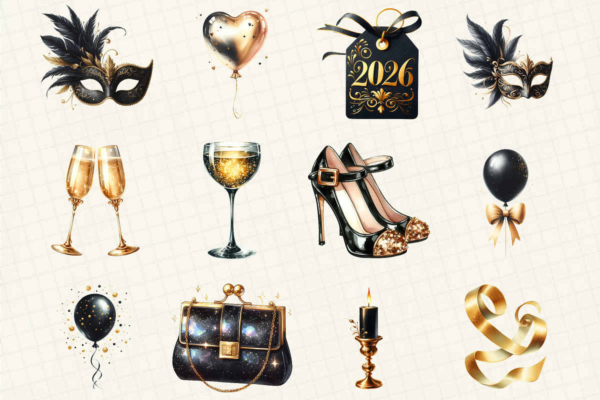 Black & Gold New Year Clipart, an Illustration by DreamCafeArt (Photo 2 of 8)