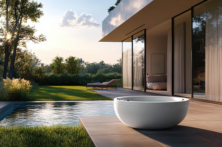 Modern outdoor bathtub near infinity, an Abstract Photo by Pixeness