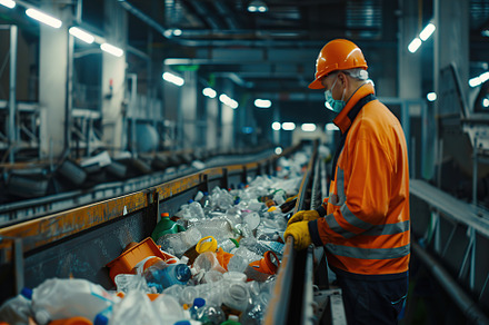 Worker sorting waste on conveyor with different household waste, an Industrial Photo by AlyaAnd