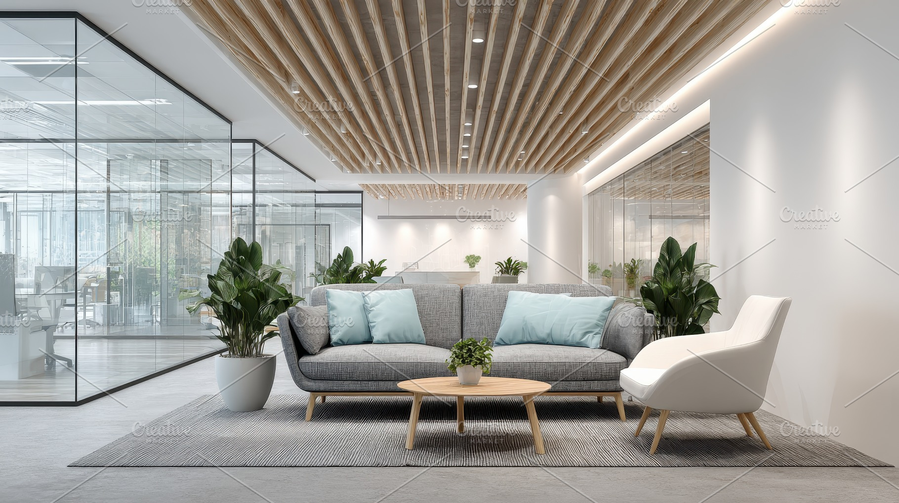 Modern office waiting area grey sofa, a Photo by Pixeness Studio