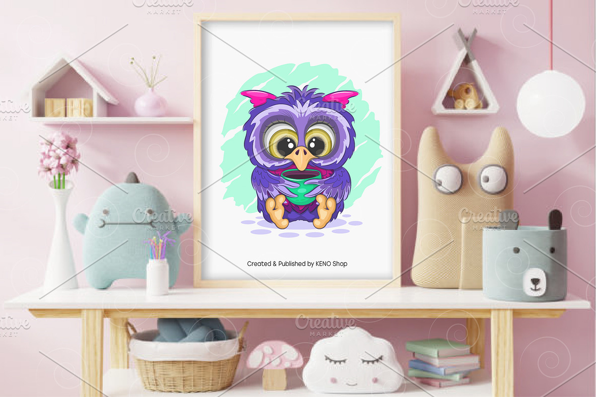 Cartoon owl with a cup. Tshirt, PNG., an Animal Illustration by KENO Mascots (Photo 3 of 4)