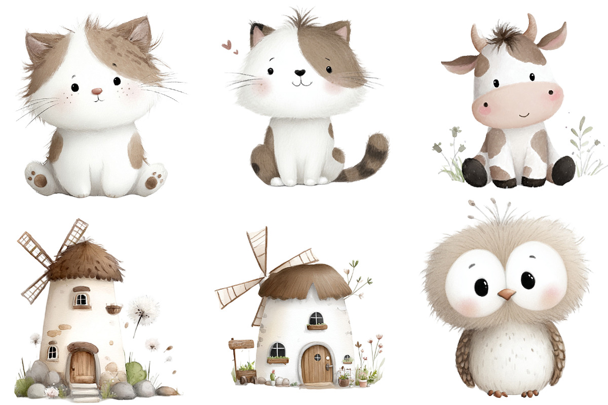 Watercolor Cute Farm Clipart, an Illustration by Designworld (Photo 2 of 6)