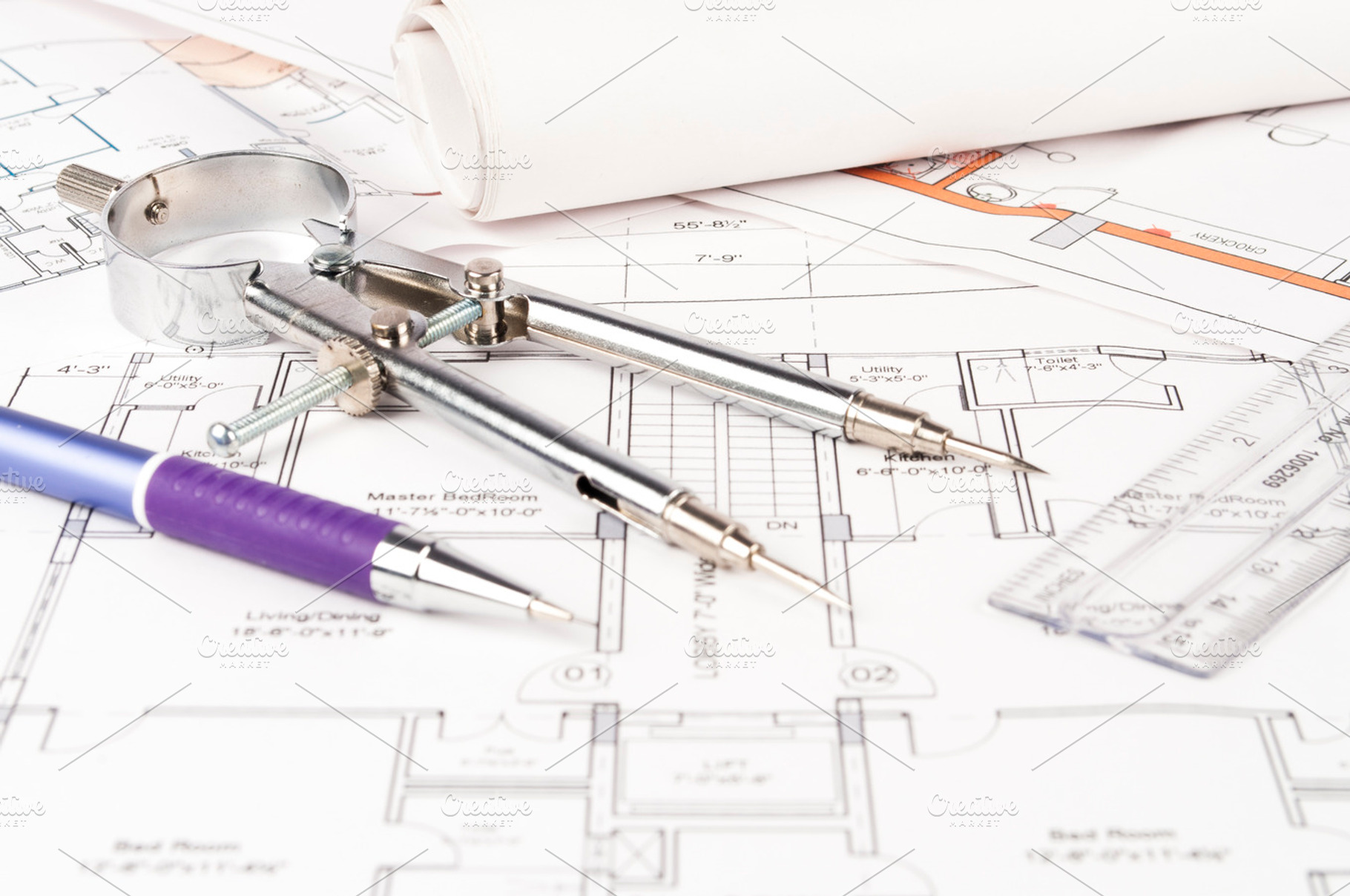 Drawing set on blue print