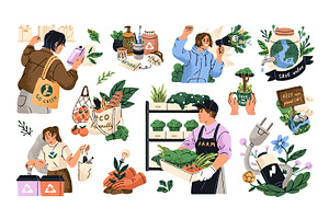 Ecology concept set + sticker pack, an Object Illustration by PaperTrident
