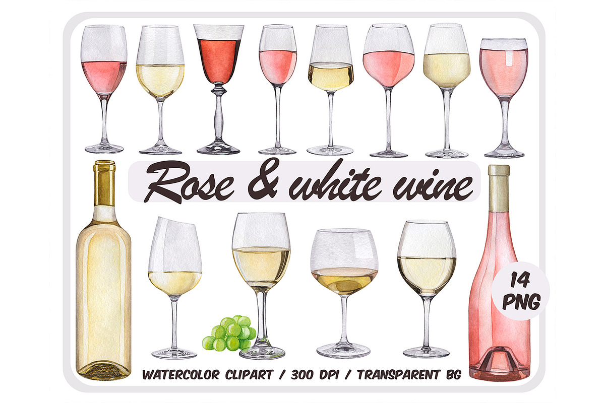 Watercolor white & rose wine clipart, a Food Illustration by ArtfulStudio (Photo 1 of 9)