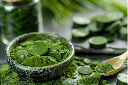 Spirulina algae powder and pills in, a Food & Drink Photo by Ylivdesign