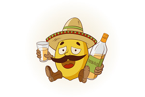Cartoon lemon drinking tequila.