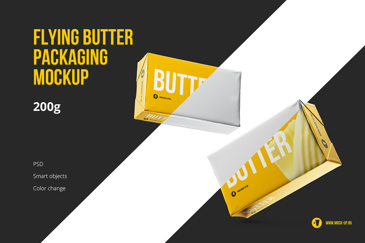 Flying Metallic Butter 200g mockup, a Mockup by easymock (Photo 1 of 6)