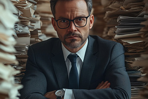 A serious document specialist businessman in a suit and glasses sits with arms, a Person Photo by Textures & Backgrounds