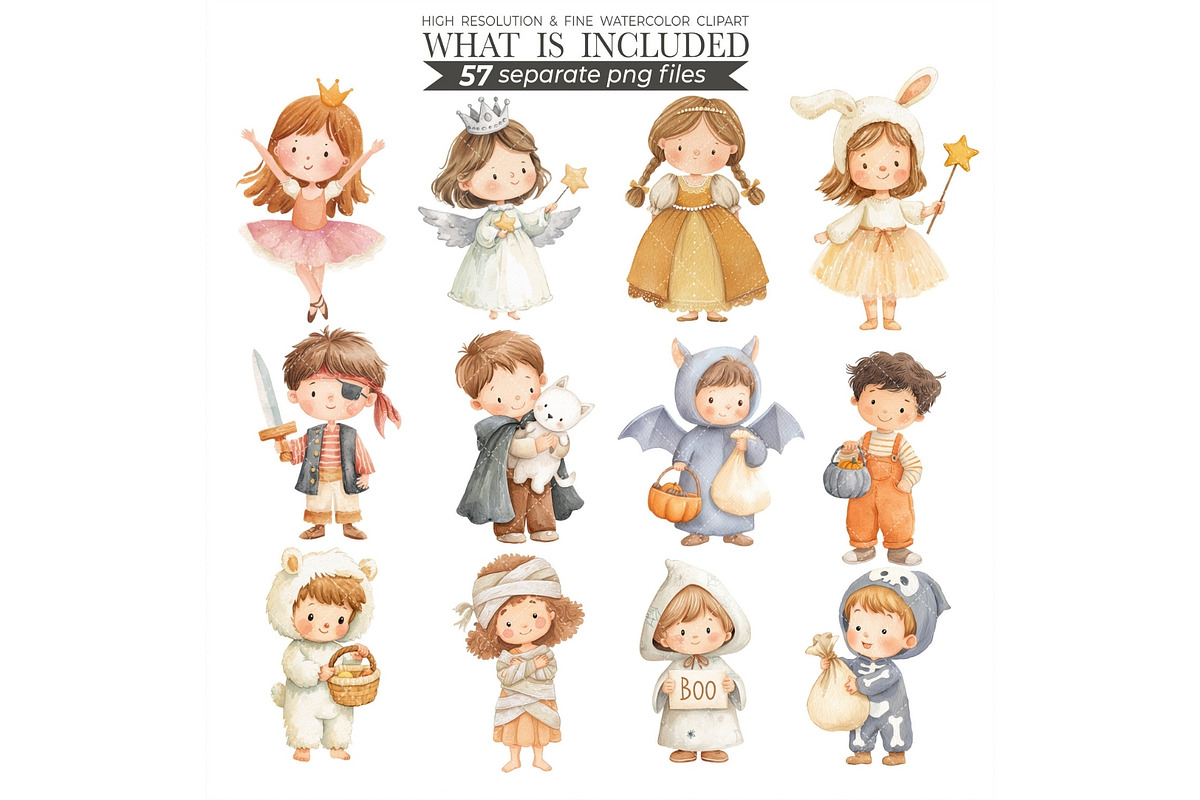 Watercolor Halloween Kids Clipart, an Illustration by CharmClipart (Photo 4 of 8)
