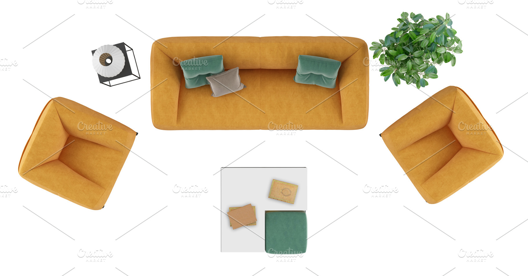 top view of a Living room set with sofa and armchair on white background, an Architecture Photo by Archideaphoto