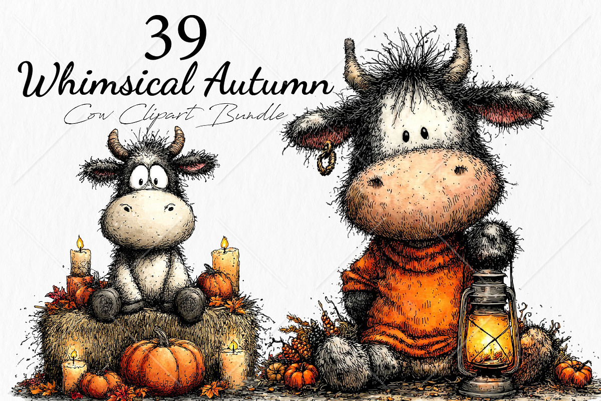 Whimsical Autumn Cow Clipart Bundle, a Seasonal Illustration by Canvas Craft (Photo 1 of 10)