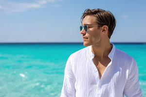Man in white linen shirt enjoying sunny beach by turquoise waters with a clear, a Person Photo by AlyaAnd