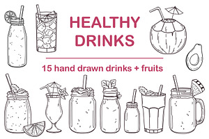 Healthy drinks hand drawn vector set